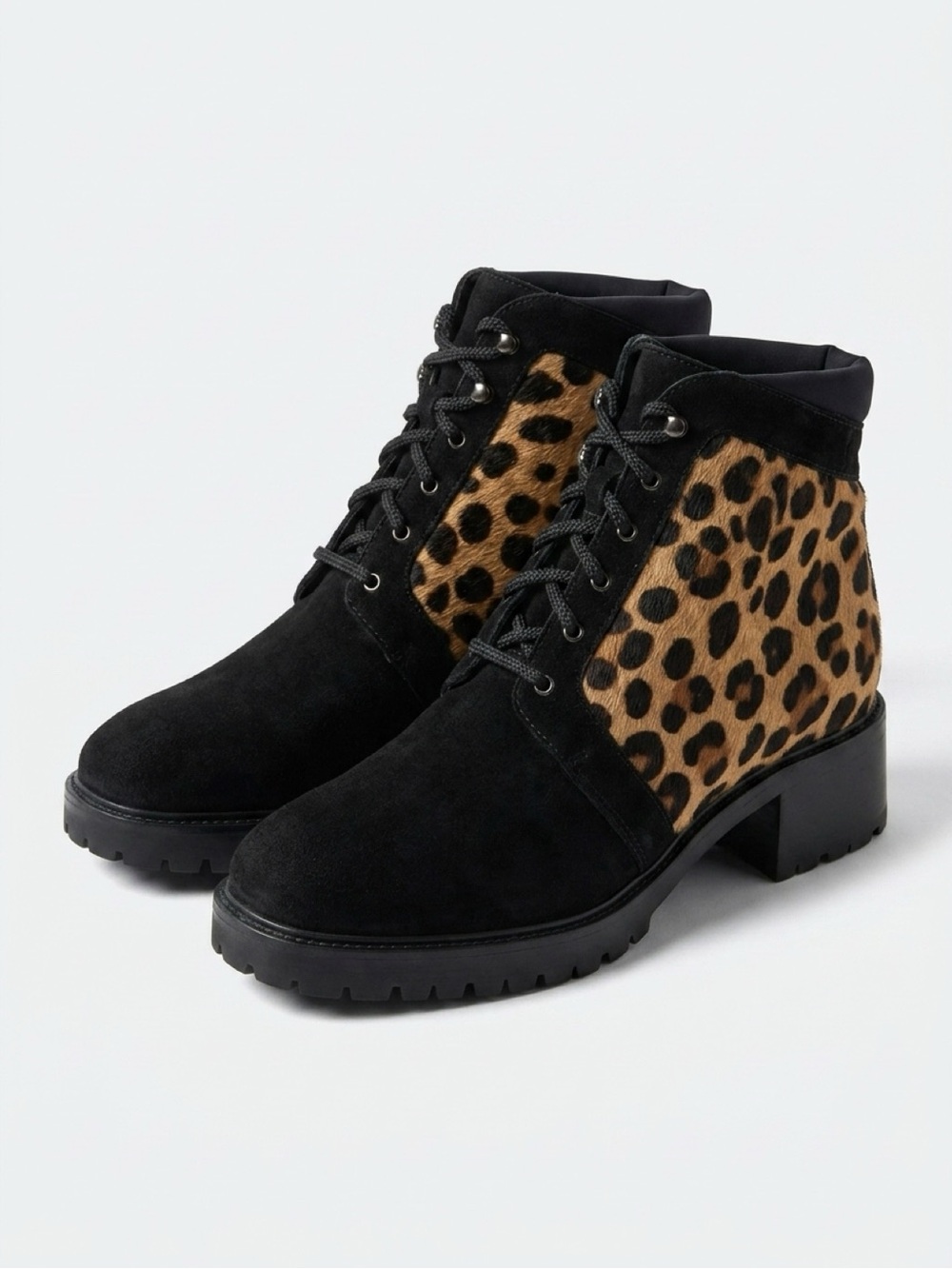 STUART WEITZMAN Black Suede/Pony Hair Leopard Print Lace-Up Ankle Boots